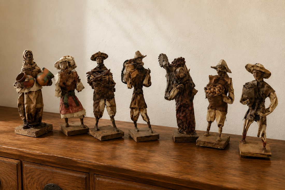 Set of Seven Folk Art Paper Mache Figurines: A collection of seven folk art figurines, possibly crafted from paper mache or similar fibrous material, depicting rural or village figures engaged in daily tasks. Each figure is uniquely posed, some 