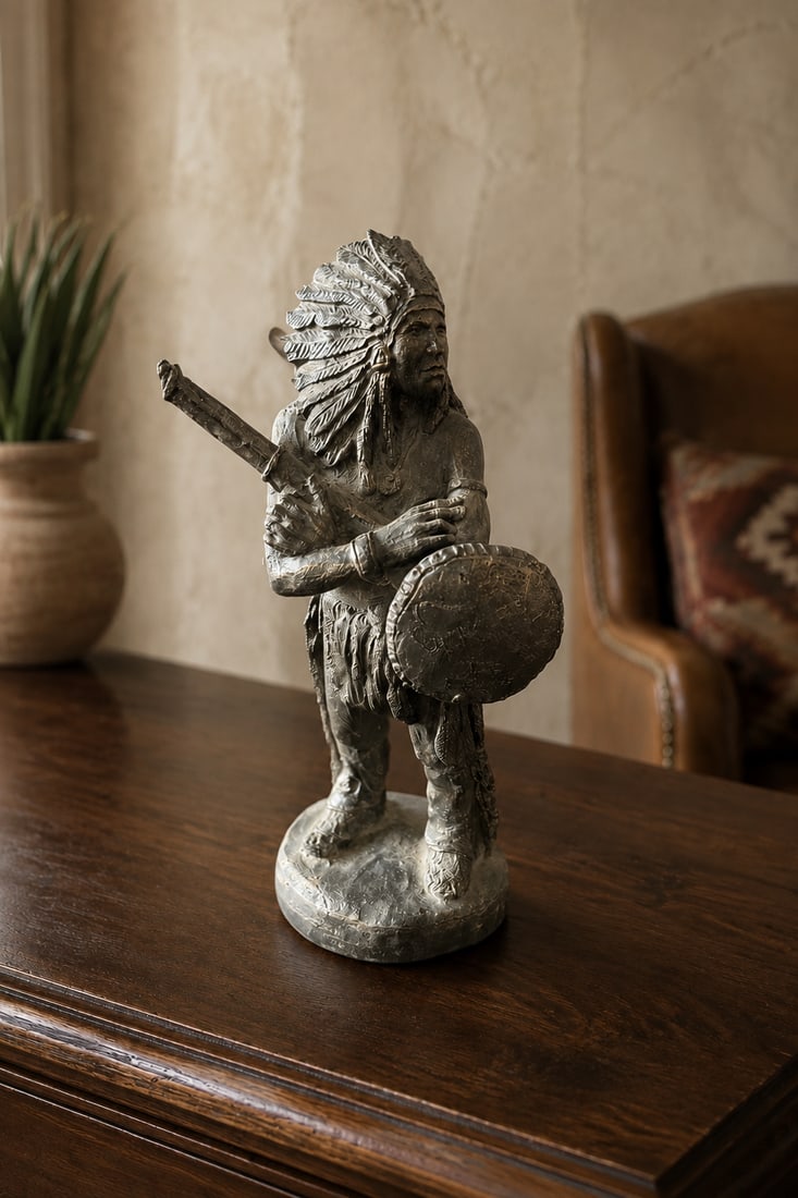 Michael Garman "Chief" Bronzetone Sculpture: A detailed "Bronzetone" sculpture titled "Chief" by Michael Garman Productions, Inc., Colorado Springs. The piece depicts a standing Native American figure adorned with a feathered headdress, holding 