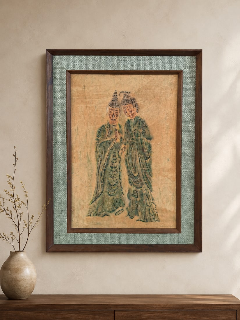 Chinese Stone Rubbing, The Art of Stone Rubbing, Tang Dynasty: A framed Chinese stone rubbing depicting two figures in traditional attire, produced by The House of Stone Rubbing. The artwork showcases the ancient technique of stone rubbing, where rice paper is la