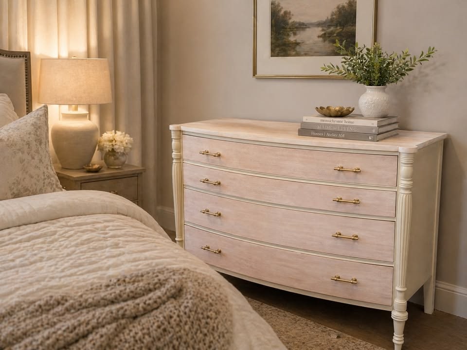 Distressed Cream and White Bombe Chest of Drawers with Brass Hardware: This elegant bombe chest features a distressed cream and white finish with a slightly bowed front and sides, giving it a classic bombe silhouette. It is fitted with four drawers, each adorned with two