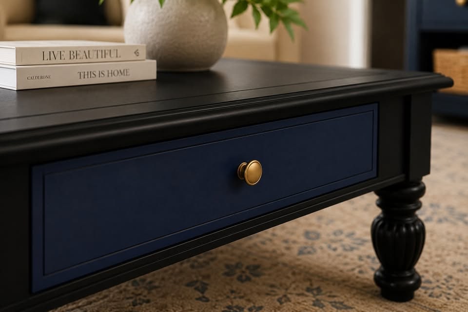 Contemporary Black and Navy Coffee Table with Turned Legs: A stylish contemporary coffee table featuring a rectangular black wooden top and frame, with two contrasting navy blue drawer fronts. The table is supported by four turned, black wooden legs, adding a