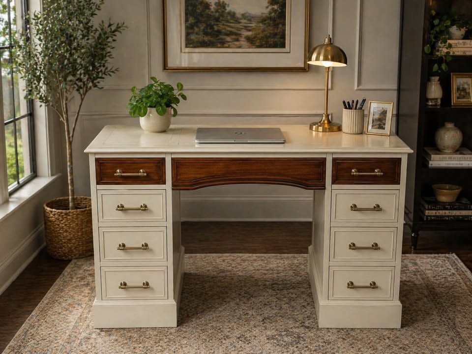 Transitional Two-Tone Wood Executive Desk with Brass Pulls (1 of 3)