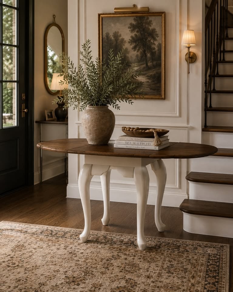 Distressed Cream and Wood Drop-Leaf Gateleg Table: A charming drop-leaf gateleg table featuring a distressed cream-painted base with elegant cabriole legs and a contrasting warm-toned wood top. The versatile design allows for the leaves to be extended