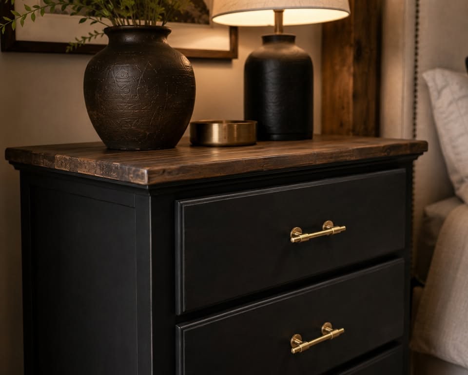 Transitional Black Three-Drawer Nightstand with Reclaimed Wood Top: A transitional style nightstand featuring a black painted wooden frame with three functional drawers, each adorned with a single gold-toned metal bar pull. The top surface is crafted from what appears