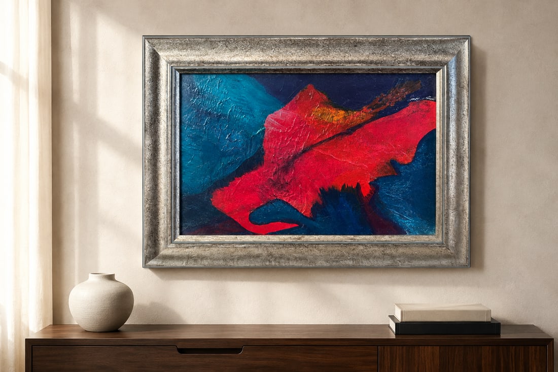 Mario R. Loren, Abstract Composition in Red and Blue, Oil on Canvas, Framed: An impactful abstract oil on canvas painting by Mario R. Loren, featuring bold swaths of textured red and deep blue, with accents of lighter teal and a hint of orange/brown. The dynamic composition an