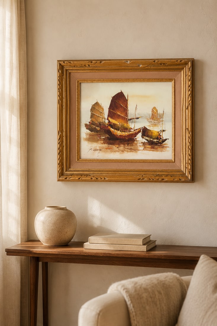 P. Wang (20th Century) East Asian Junks Oil Painting - 2
