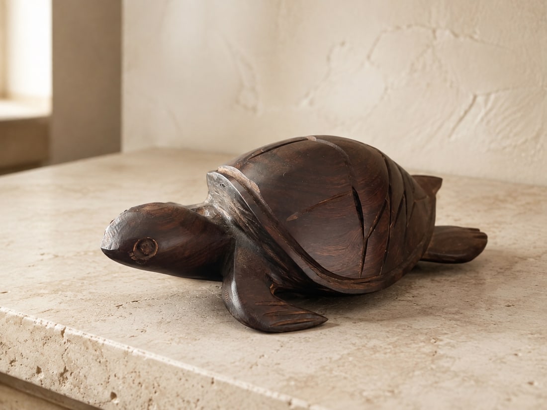 Hand-Carved Dark Wood Sea Turtle Sculpture - 2