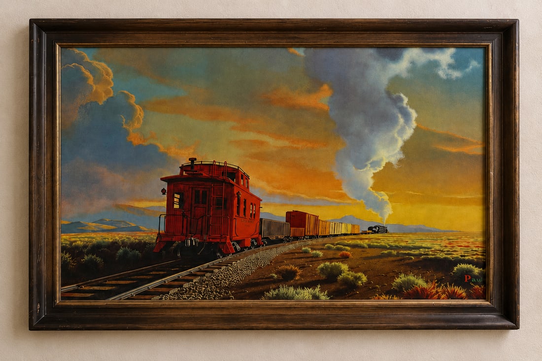 Western Landscape with Train Painting, Signed "Paul" - 2