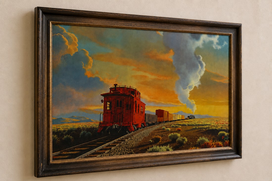 Western Landscape with Train Painting, Signed "Paul" - 3