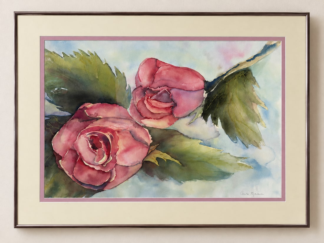 Carole Kyson, Pink Roses Watercolor Painting, Framed - 2