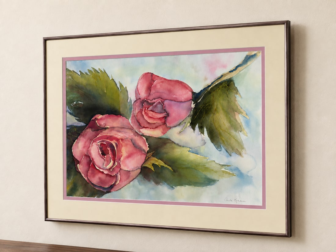 Carole Kyson, Pink Roses Watercolor Painting, Framed - 3