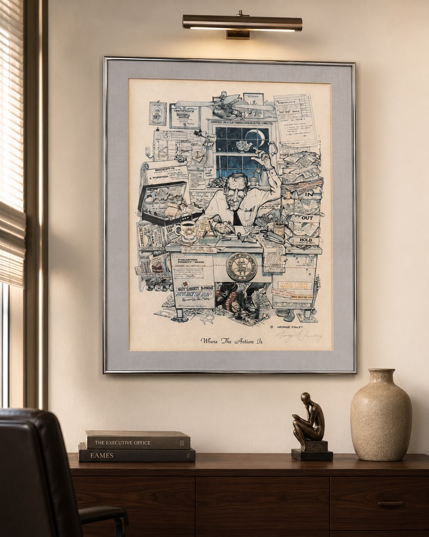 George Finley "Where The Action Is" Framed Illustration: A mid-20th century framed illustration by George Finley titled "Where The Action Is." The detailed artwork depicts a man diligently working at a cluttered desk, surrounded by papers, files, and variou