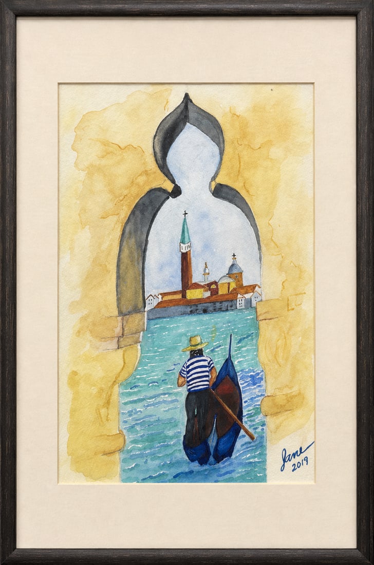 Contemporary Watercolor Painting of Venice with Gondolier - 2