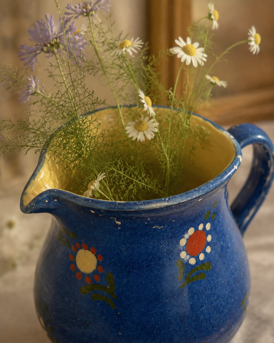 Blue Glazed Pottery Floral Pitcher Signed by Artist Anton Lang (1875-1938) - 2