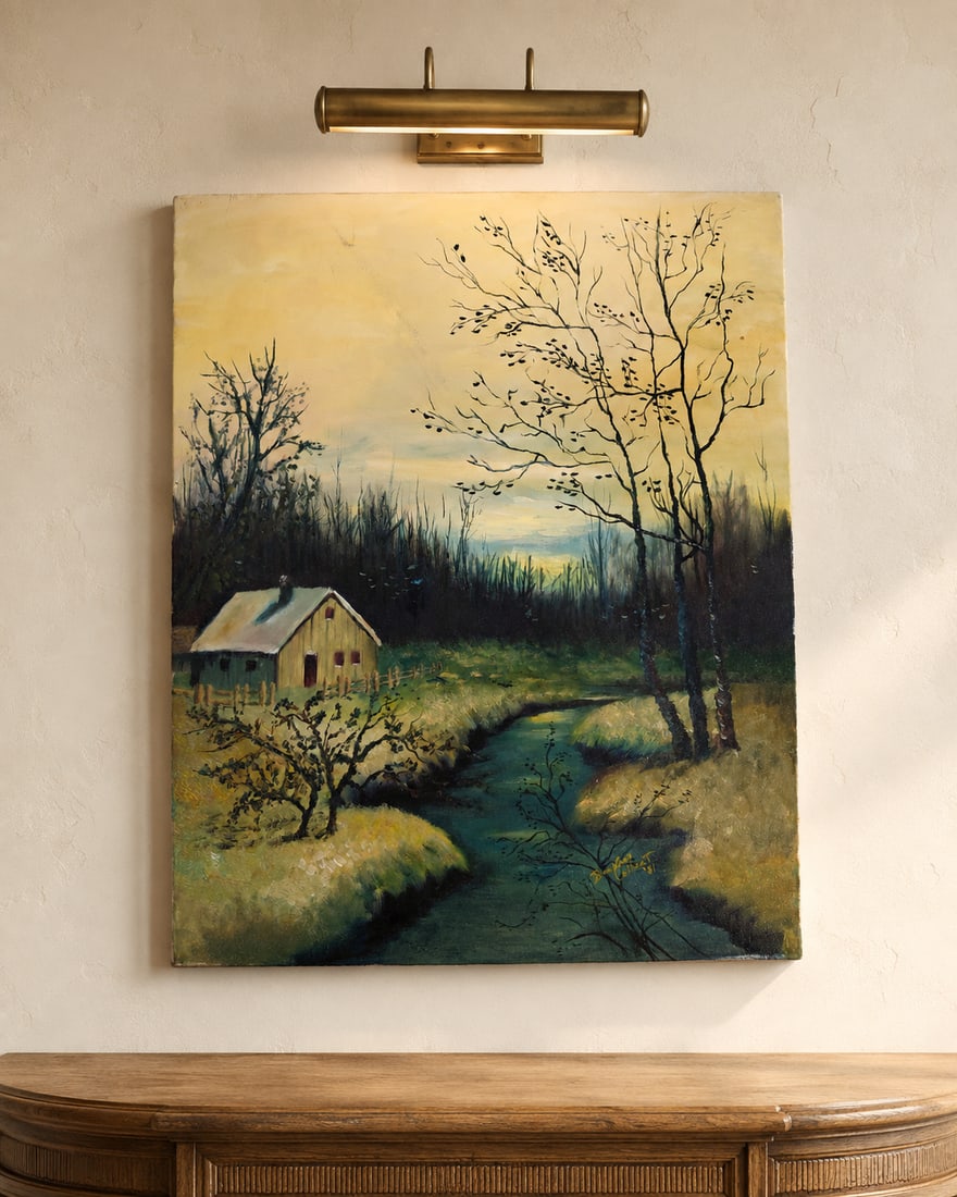 Barbara Colbert (American, 20th Century) 'Winter Cabin Scene' Oil Painting, 1981 - 2