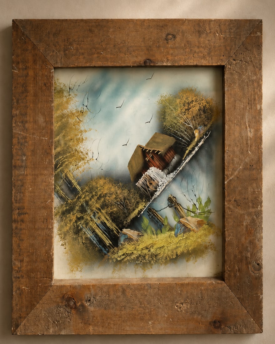Rustic Barn Landscape Reverse Painting on Glass in Reclaimed Wood Frame - 2
