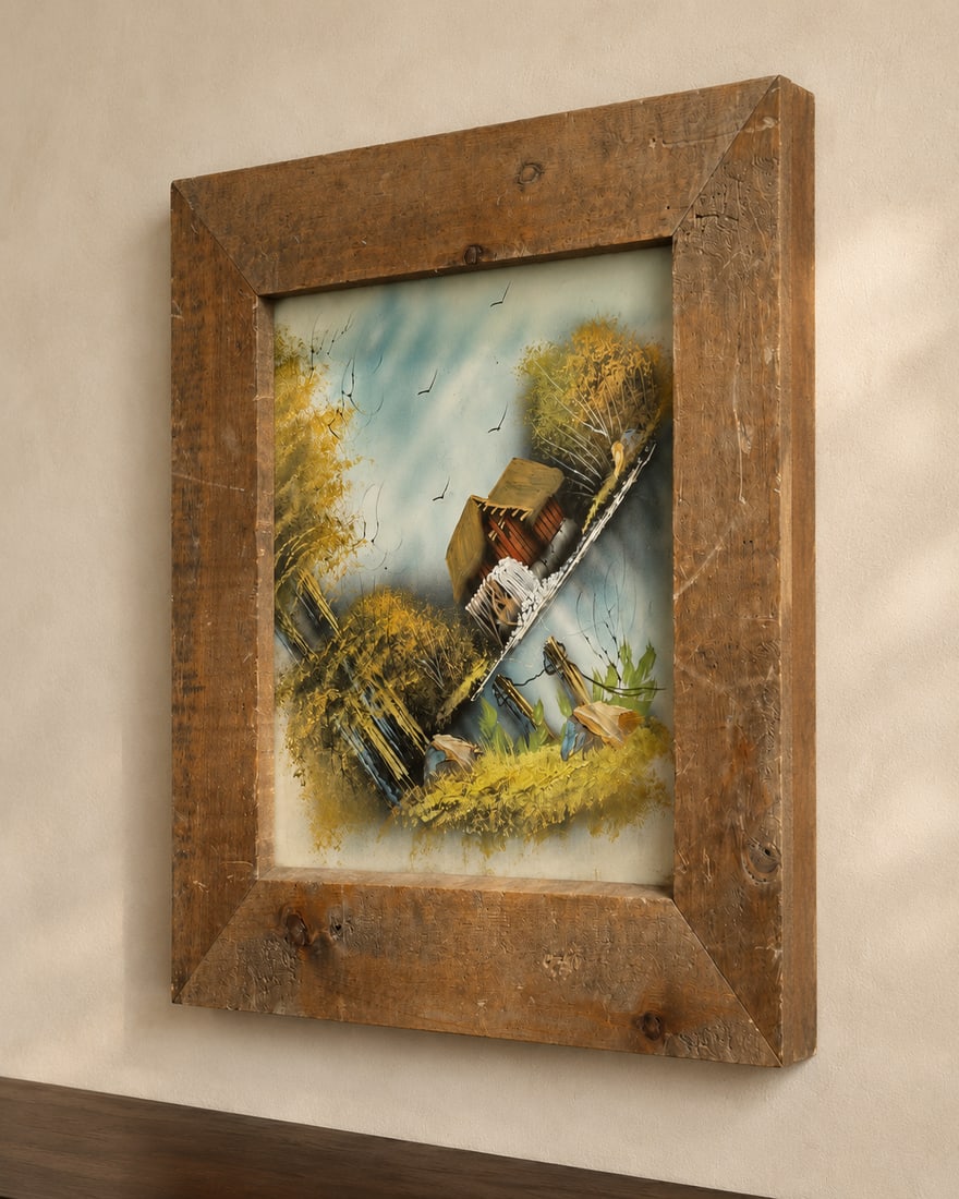 Rustic Barn Landscape Reverse Painting on Glass in Reclaimed Wood Frame - 3