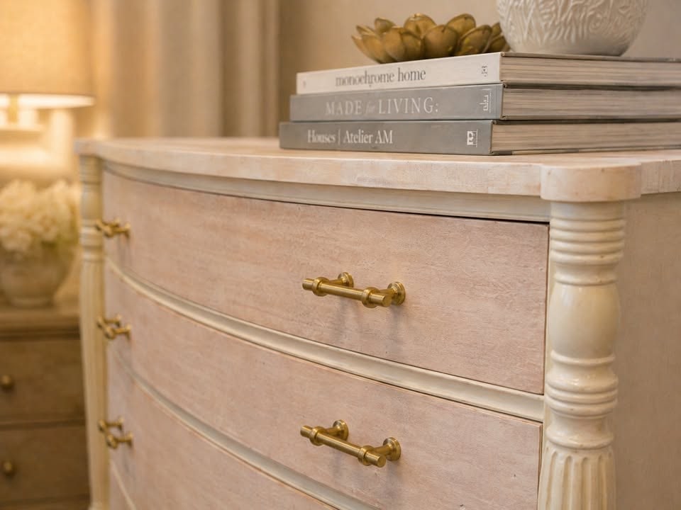 Distressed Cream Bow-Front Chest of Drawers with Brass Hardware - 2