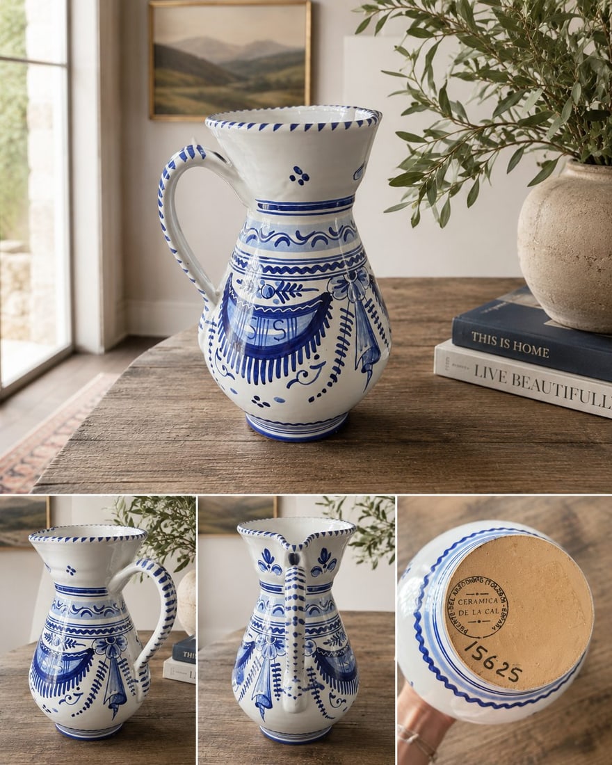Hand-Painted Spanish Talavera Ceramic Pitcher, Puente del Arzobispo - 3