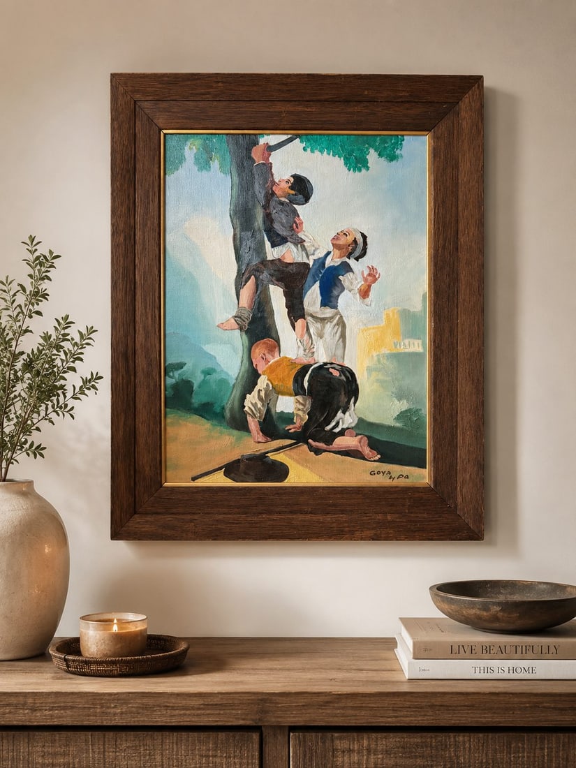 1970 Oil on Canvas "Boys Climb Apples" After Goya by P.A.: A colorful oil on canvas painting, signed "GOYA by PA" and dated 1970 on the reverse. The artwork depicts three boys attempting to climb an apple tree, with one boy reaching for an apple, another look