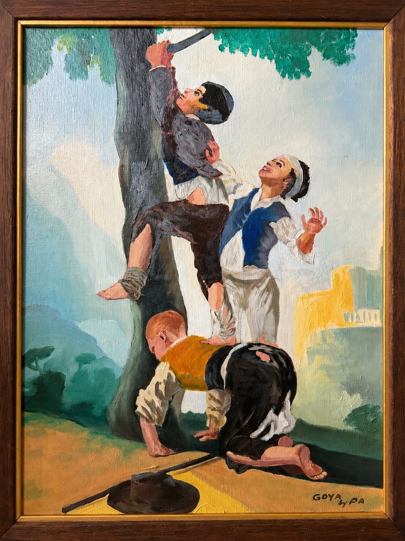 1970 Oil on Canvas "Boys Climb Apples" After Goya by P.A. - 2