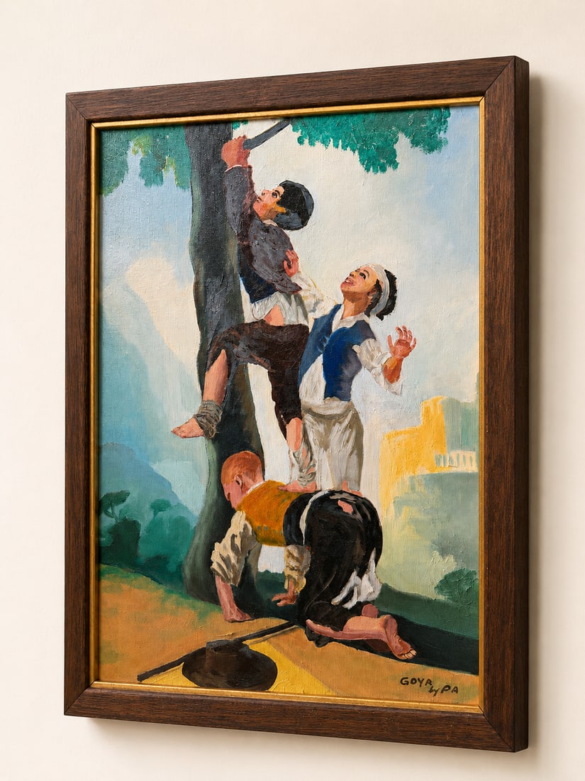 1970 Oil on Canvas "Boys Climb Apples" After Goya by P.A. - 3