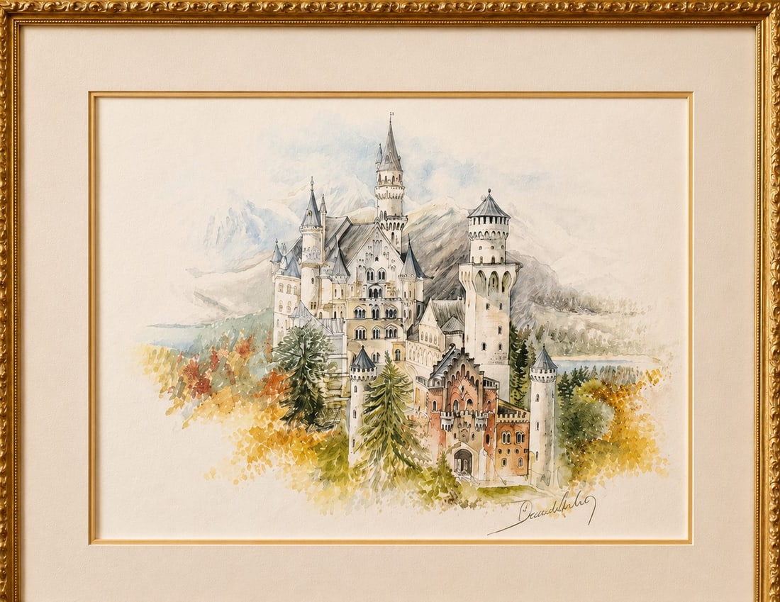 Framed Neuschwanstein Castle Watercolor Painting, Signed Benedetto - 2