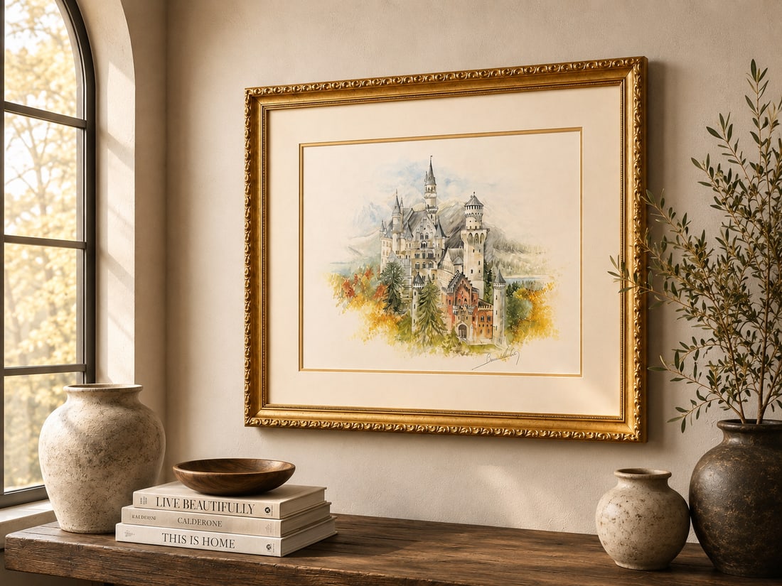 Framed Neuschwanstein Castle Watercolor Painting, Signed Benedetto - 3