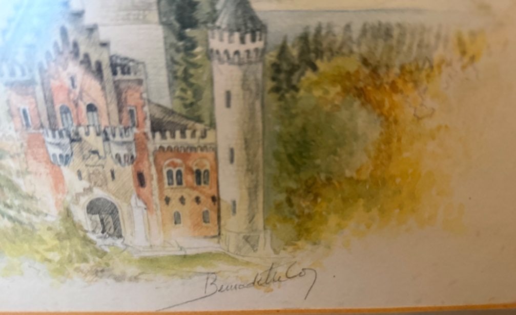 Framed Neuschwanstein Castle Watercolor Painting, Signed Benedetto - 4