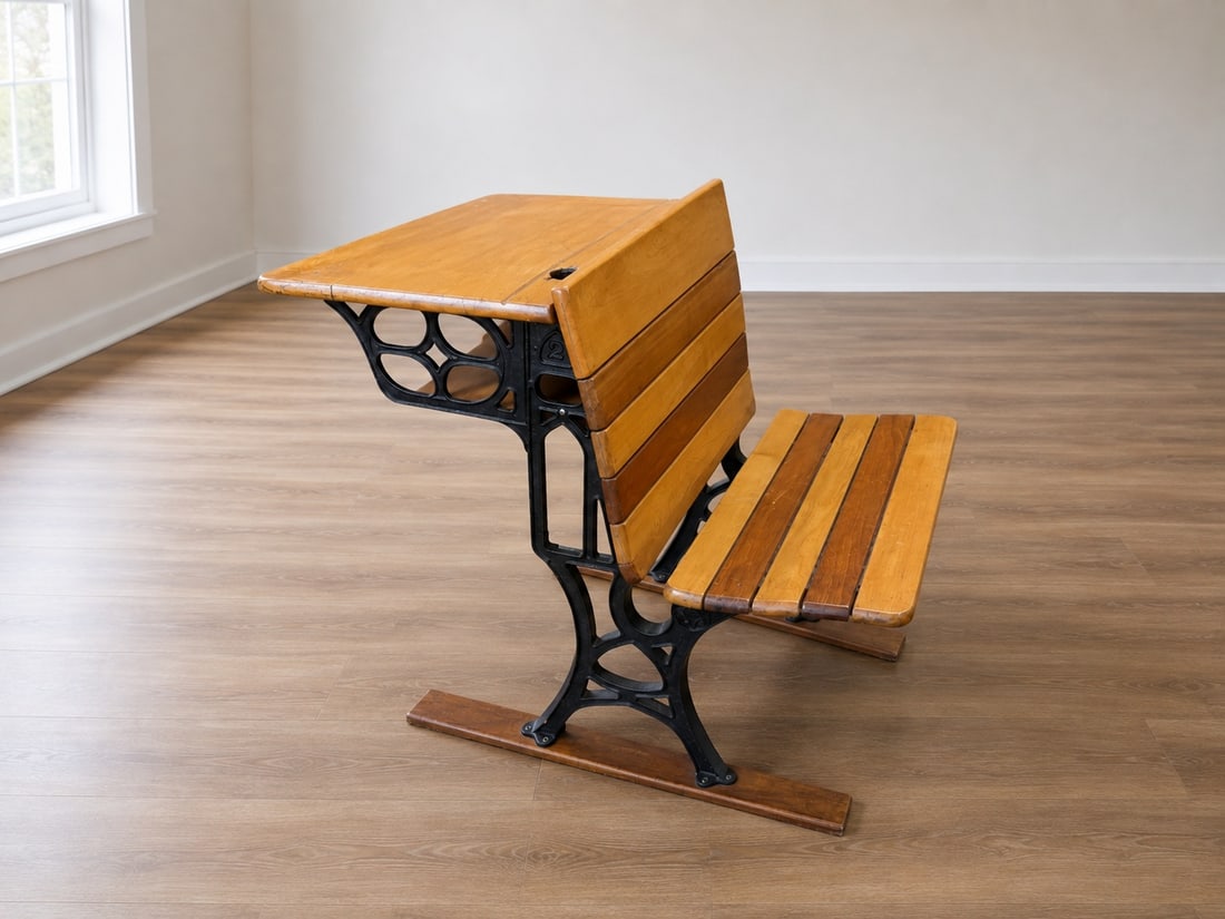 Vintage Cast Iron and Wood School Desk with Attached Bench - 2
