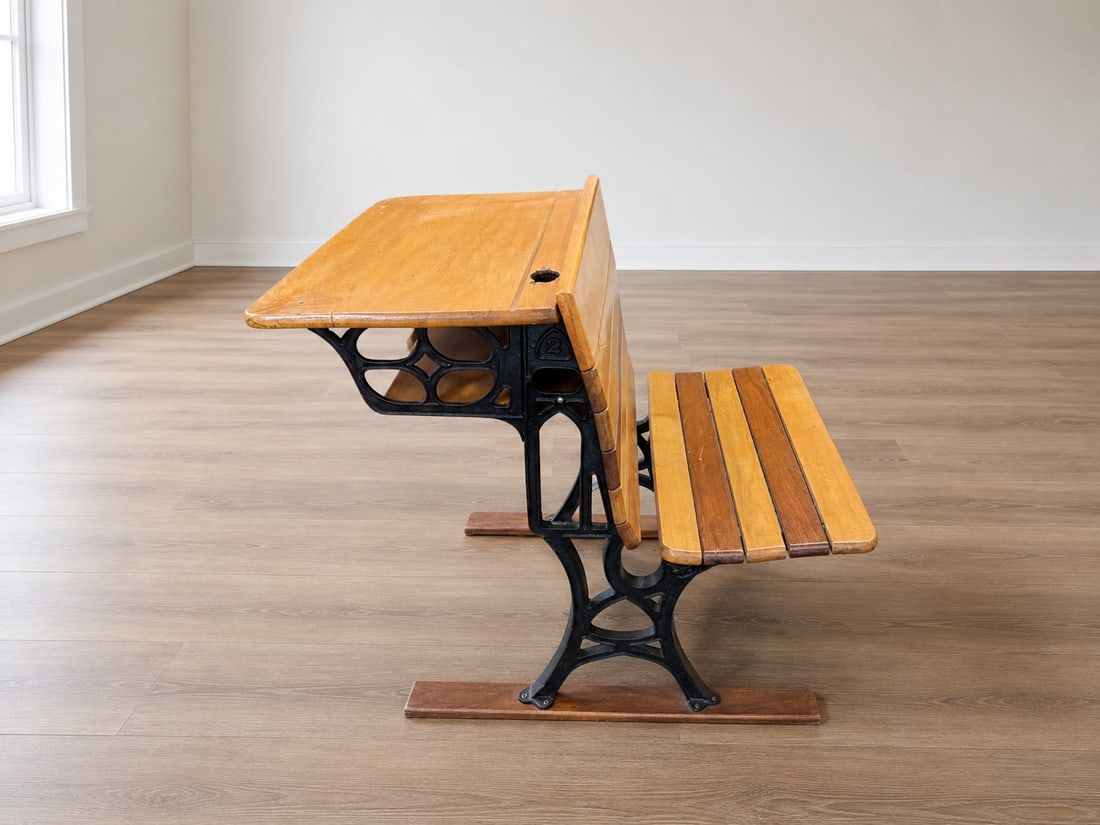 Vintage Cast Iron and Wood School Desk with Attached Bench - 3
