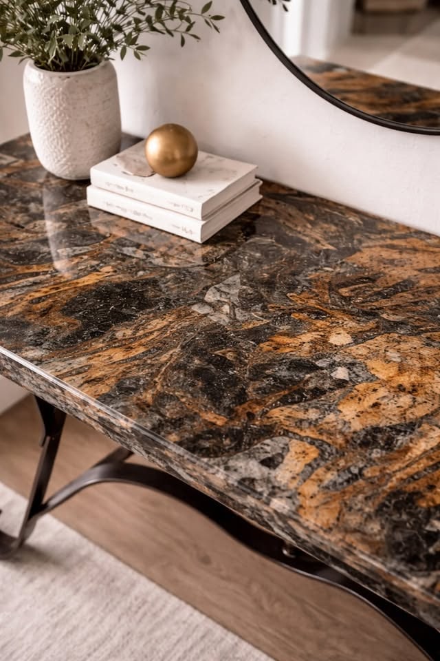 Transitional Console Table with Polished Granite Top and Wrought Iron Base - 2