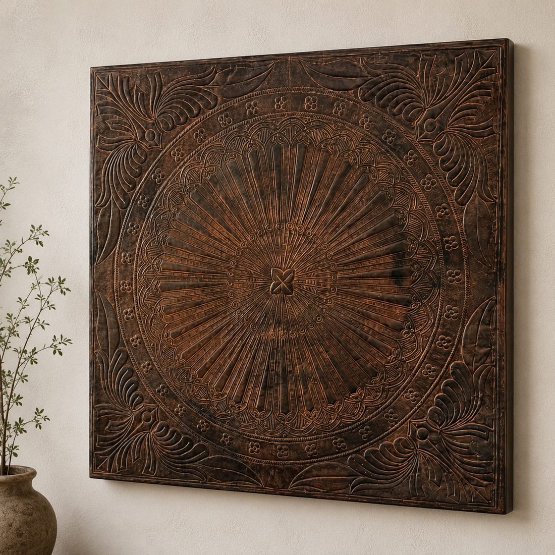 Large Embossed Metal Medallion Wall Art Panel: This decorative wall art panel features an intricately embossed metal design, presenting a central radiating medallion surrounded by concentric bands of floral and geometric motifs. The corners are ad