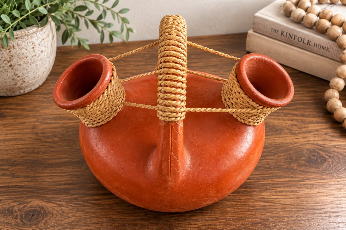 Mexican Terracotta Double Spout Vessel with Woven Handle - 2
