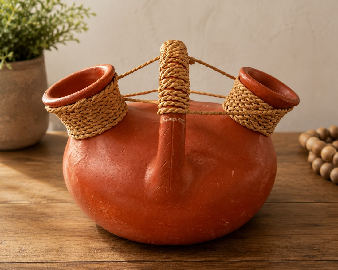 Mexican Terracotta Double Spout Vessel with Woven Handle - 3