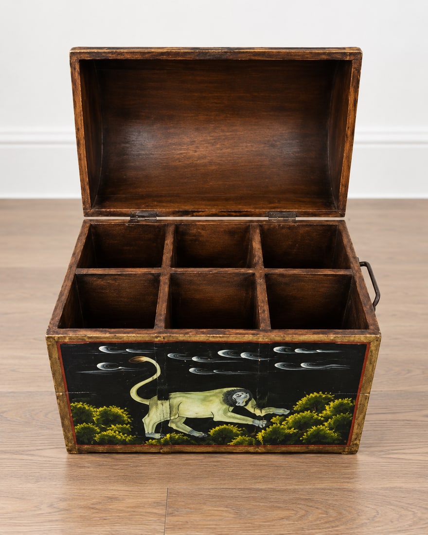 Hand-Painted Folk Art Wooden Trunk with Monkey Motifs - 4