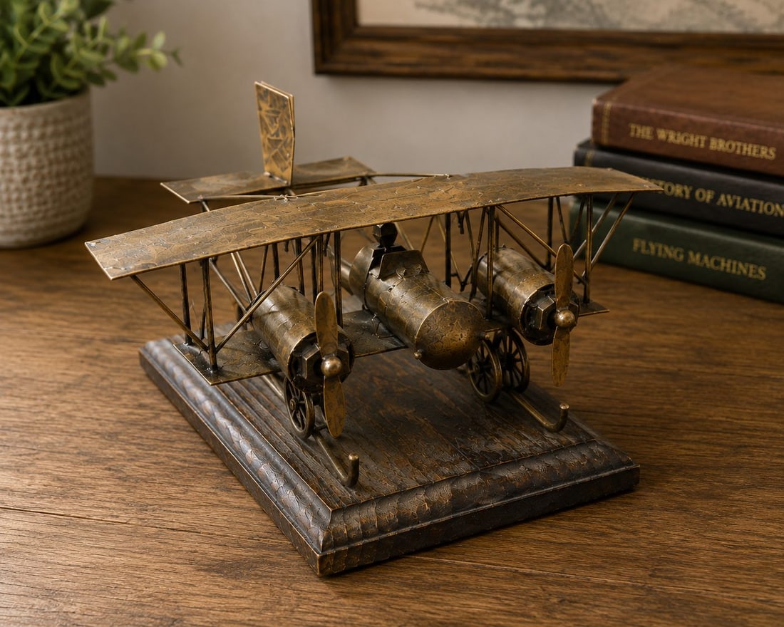 Vintage Style Brass Biplane Model on Wood Base, Made in Spain - 2