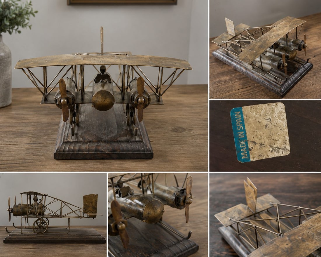 Vintage Style Brass Biplane Model on Wood Base, Made in Spain - 3