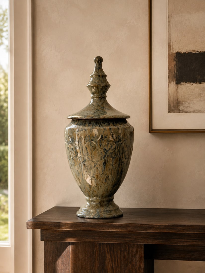 Decorative Ceramic Lidded Urn in Verdigris and Cream Glaze - 3