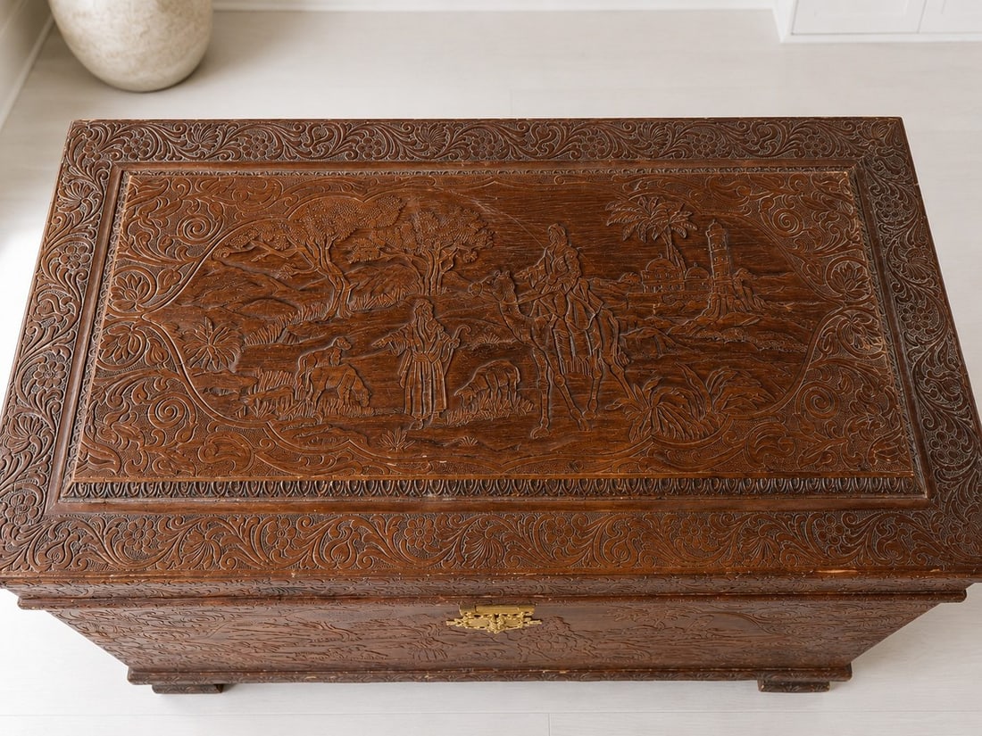 Heavily Carved Anglo-Indian Teak Chest - 3