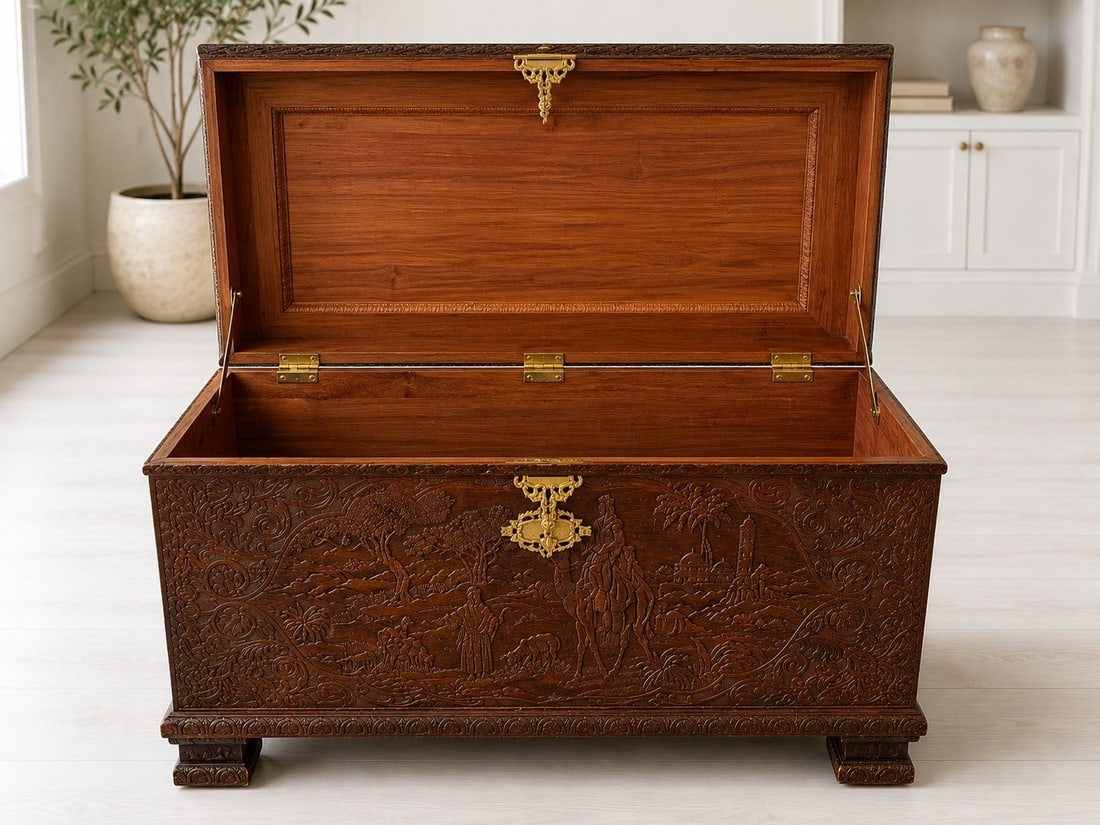 Heavily Carved Anglo-Indian Teak Chest - 4