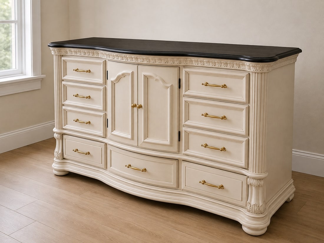 Wynnwood French Provincial Style Cream Dresser with Black Top and Gilt Hardware - 3