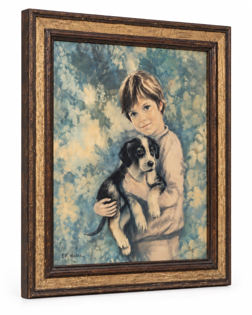 Vintage Portrait Painting of a Boy with a Puppy, Signed C. Mitchell - 2