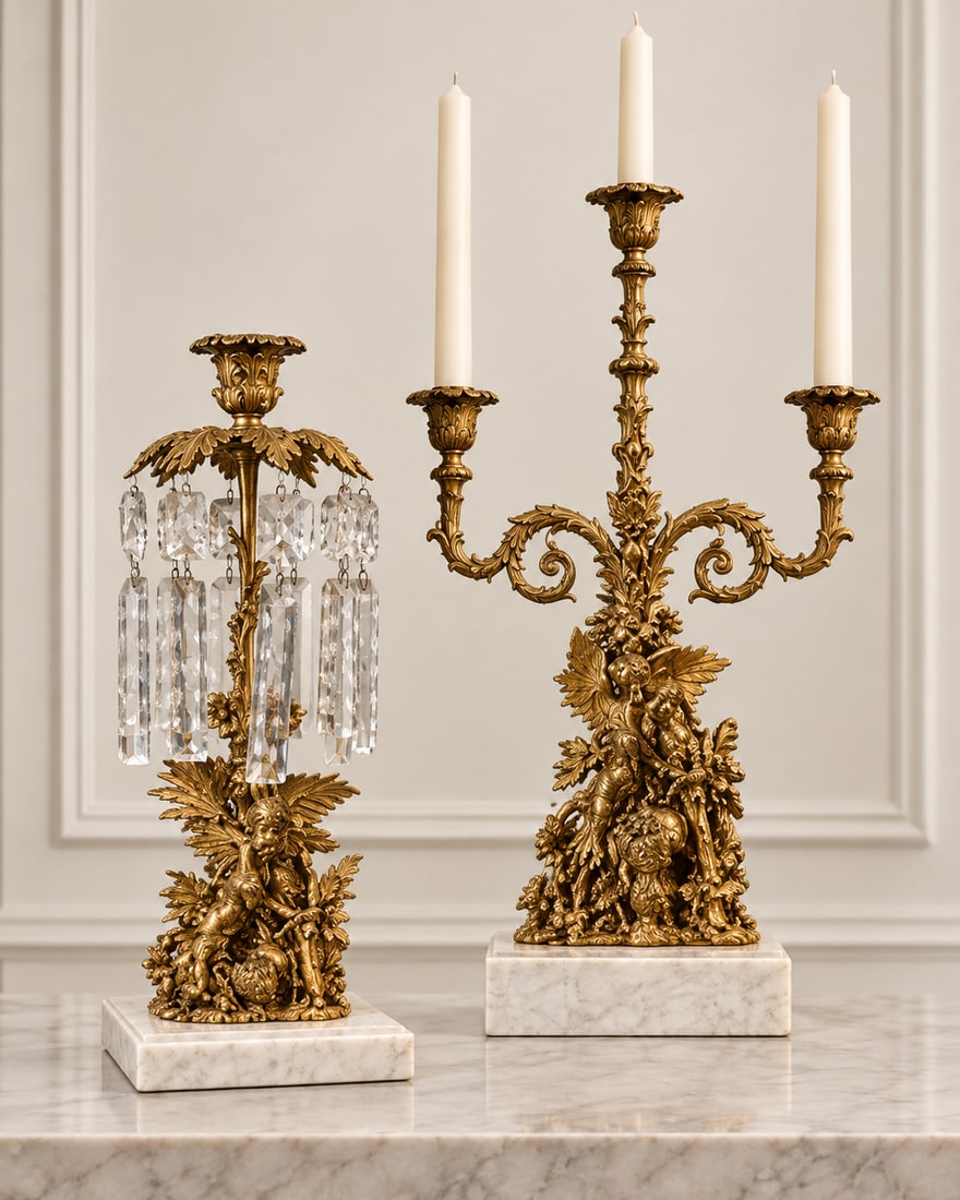 A Set of Gilt Bronze and Marble Figural Candelabra and Candle Holders - 2