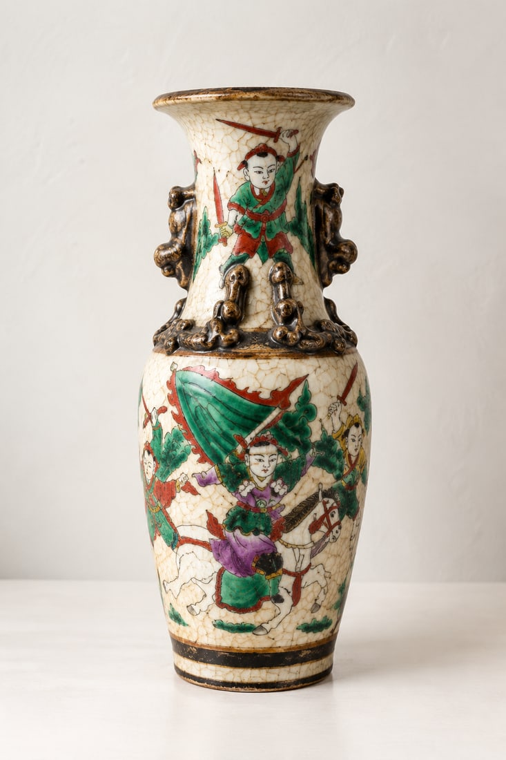 Pair of Chinese Crackle Glaze Vases with Famille Verte Decoration - 3