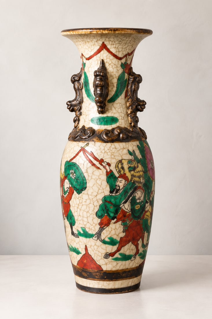 Pair of Chinese Crackle Glaze Vases with Famille Verte Decoration - 4