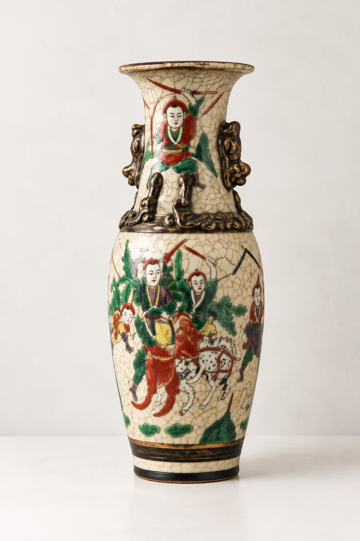 Pair of Chinese Crackle Glaze Vases with Famille Verte Decoration - 5