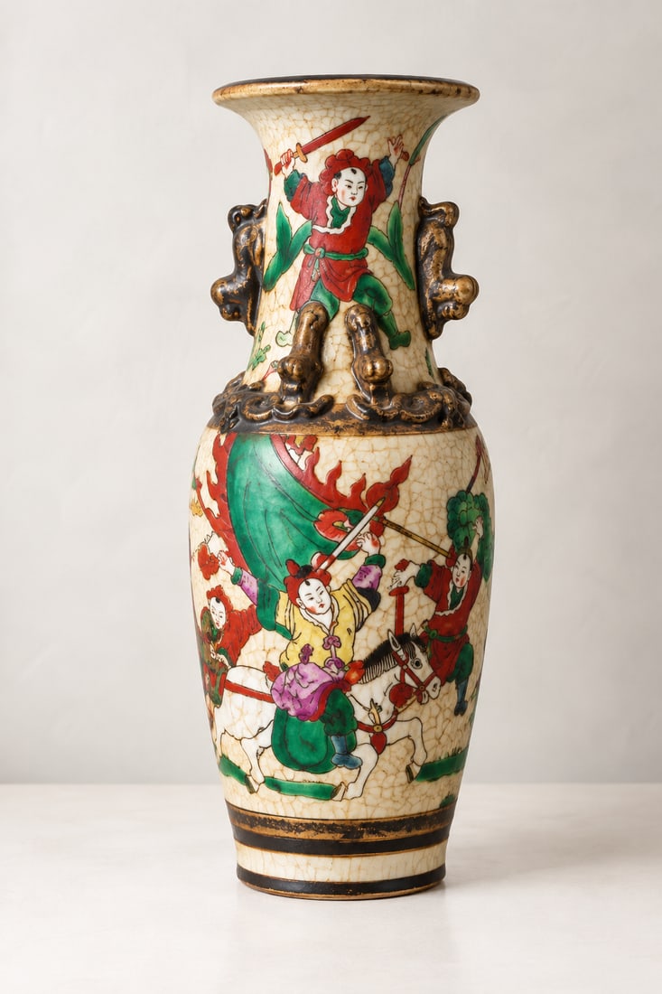 Pair of Chinese Crackle Glaze Vases with Famille Verte Decoration - 6
