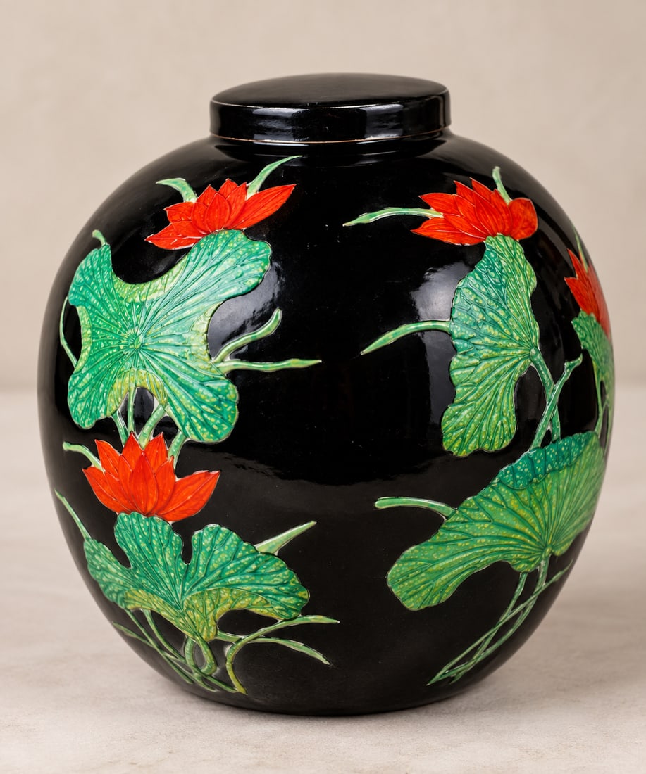Chinese Black Lacquer Ginger Jar with Hand-Painted Lotus Motif - 2