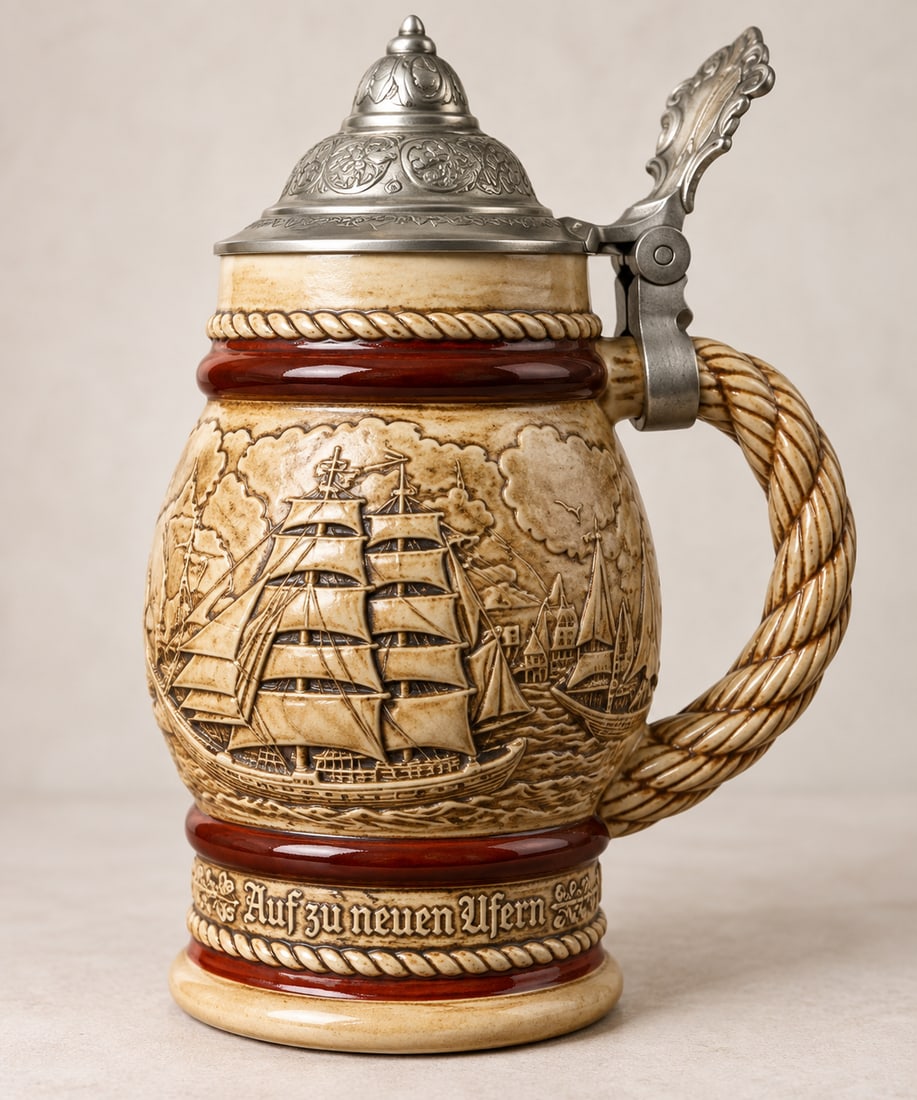 Vintage 1977 Avon Ceramarte "Set Back a Staysail Schooner" Nautical Relief Stein with Pewter Lid - 2